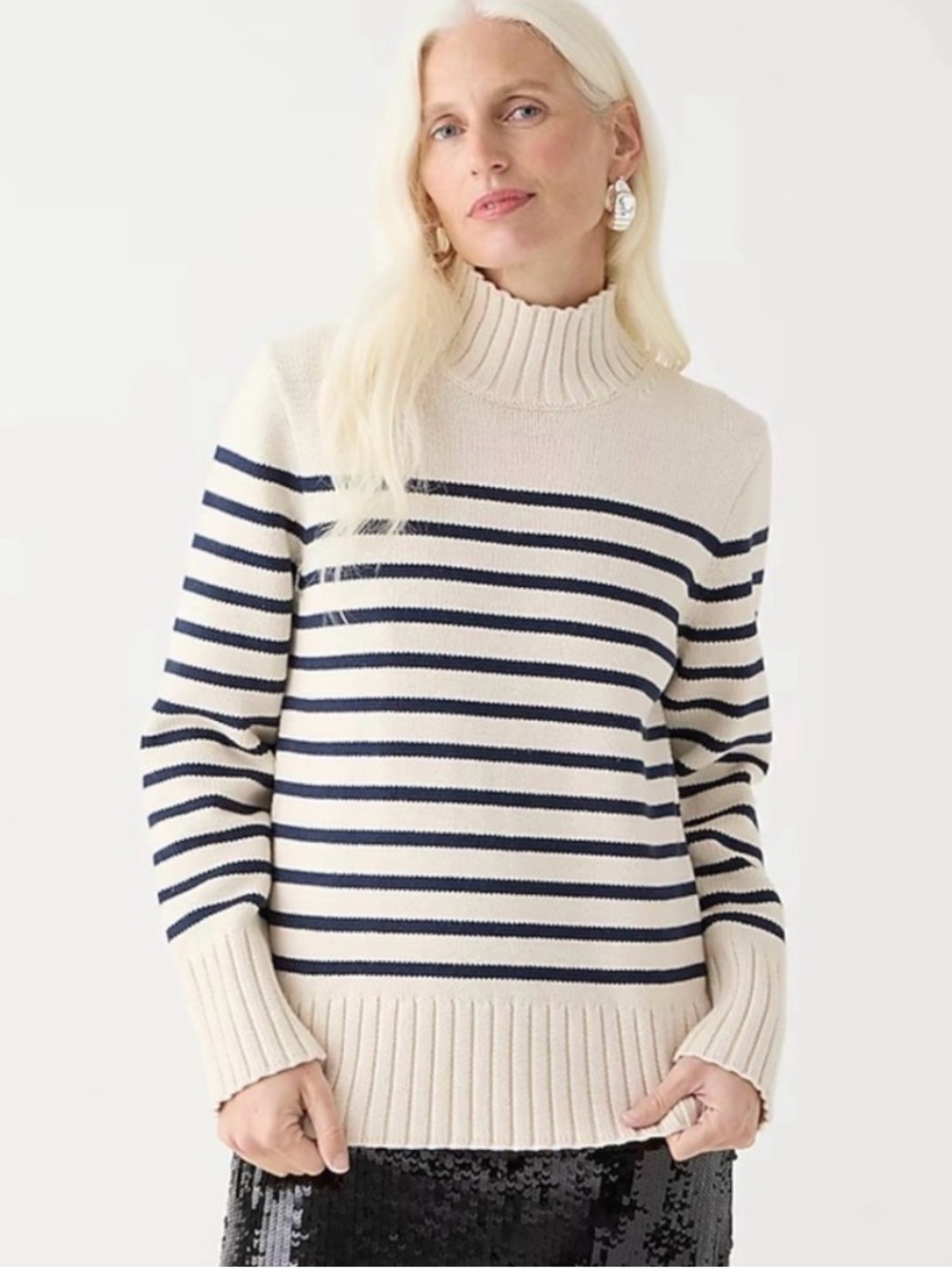 J Crew Cotton Turtleneck Sweater in Ivory / Navy Stripe - S